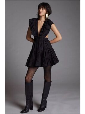 NWOT Magali Pascal Botanic Ruffle Cut Out Open Back Mini Dress in Black Elegant